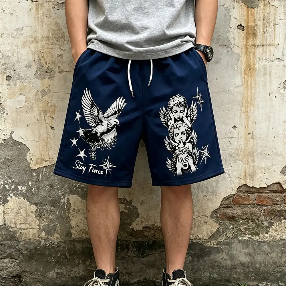 Retro Men's Summer European and American Little Angel Letter Print Comfortable Breathable Drawstring Shorts Outdoor Casual Pants