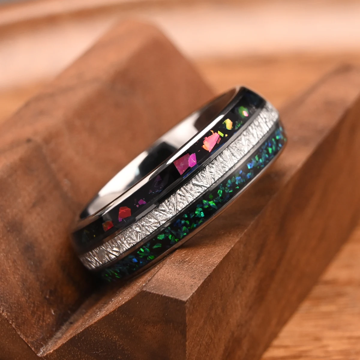 

8MM silver Color tungsten carbide ring, set with opals crystals, fashion jewelry, men's wedding Bands, engagement promise ring