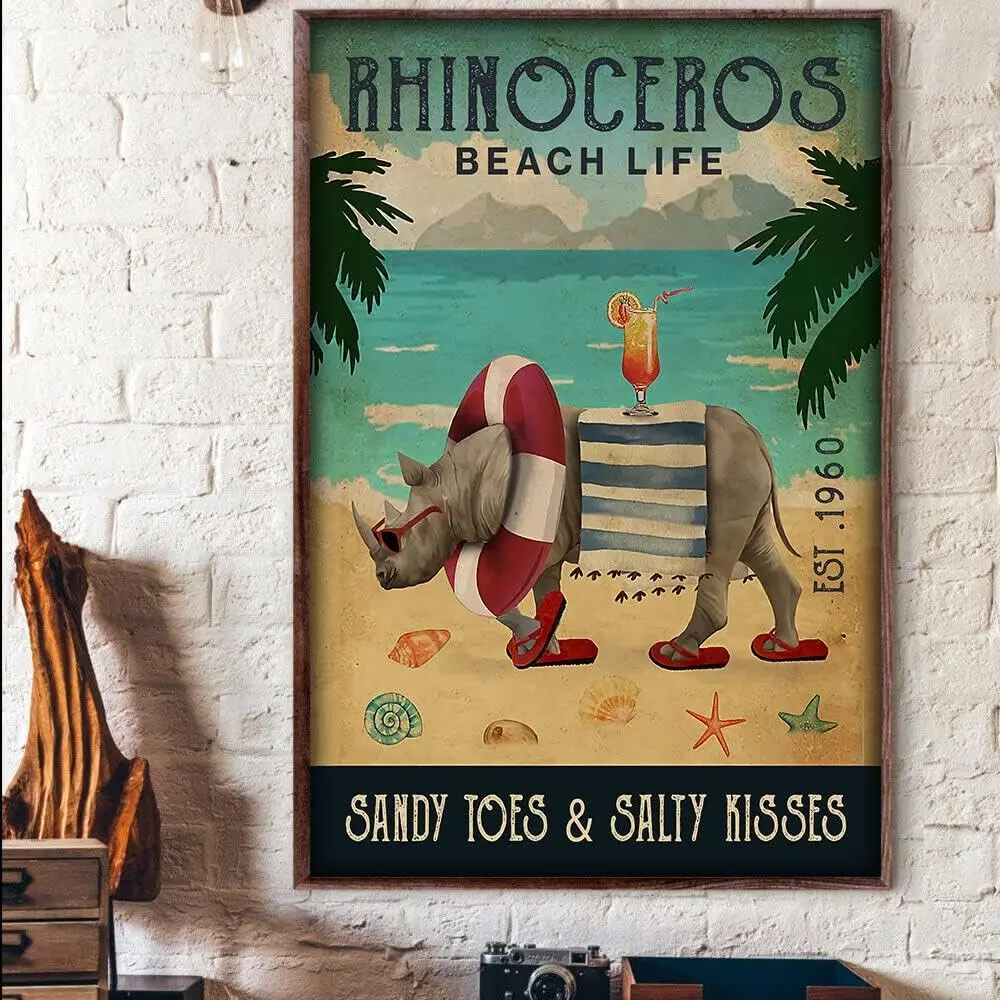 Funny Tin Signs Room Decor Teenager Boy Vintage Metal Sign Rhino Rhinoceros Beach Life Sandy Toes Salty Kisses Summer Tin S sign