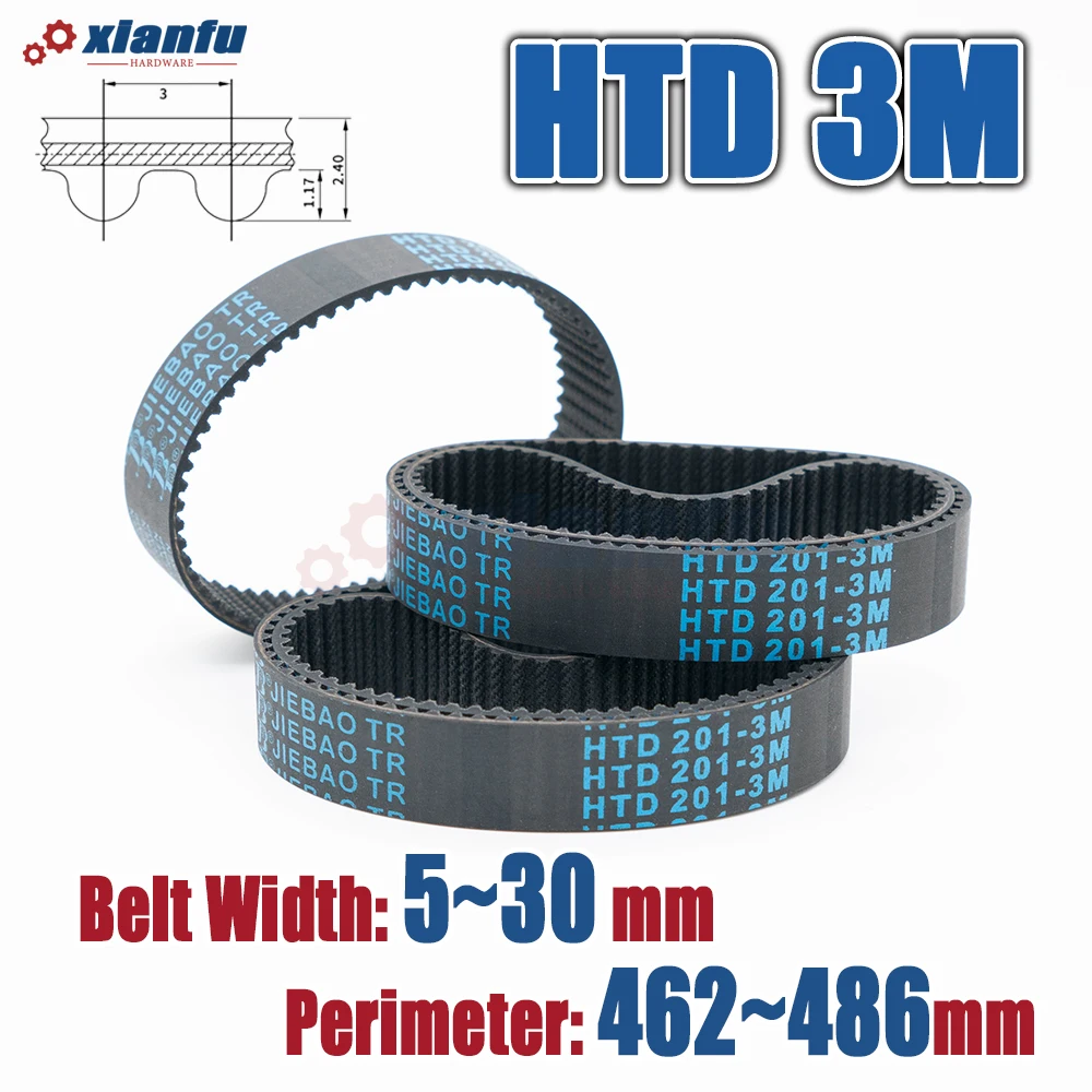 HTD3M Rubber Timing Belt HTD 3M 462 465 468 471 474 477 480 483 486mm Perimeter Drive Closed Loop Transmission Width 5~30mm CNC