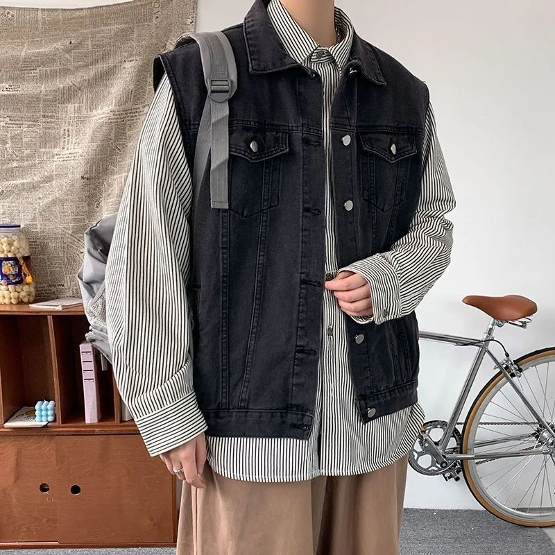 

Men's Loose Denim Jacket Spring Streetwear Trendy Hong Kong Design Versatile Utility Vest Jacket Combo