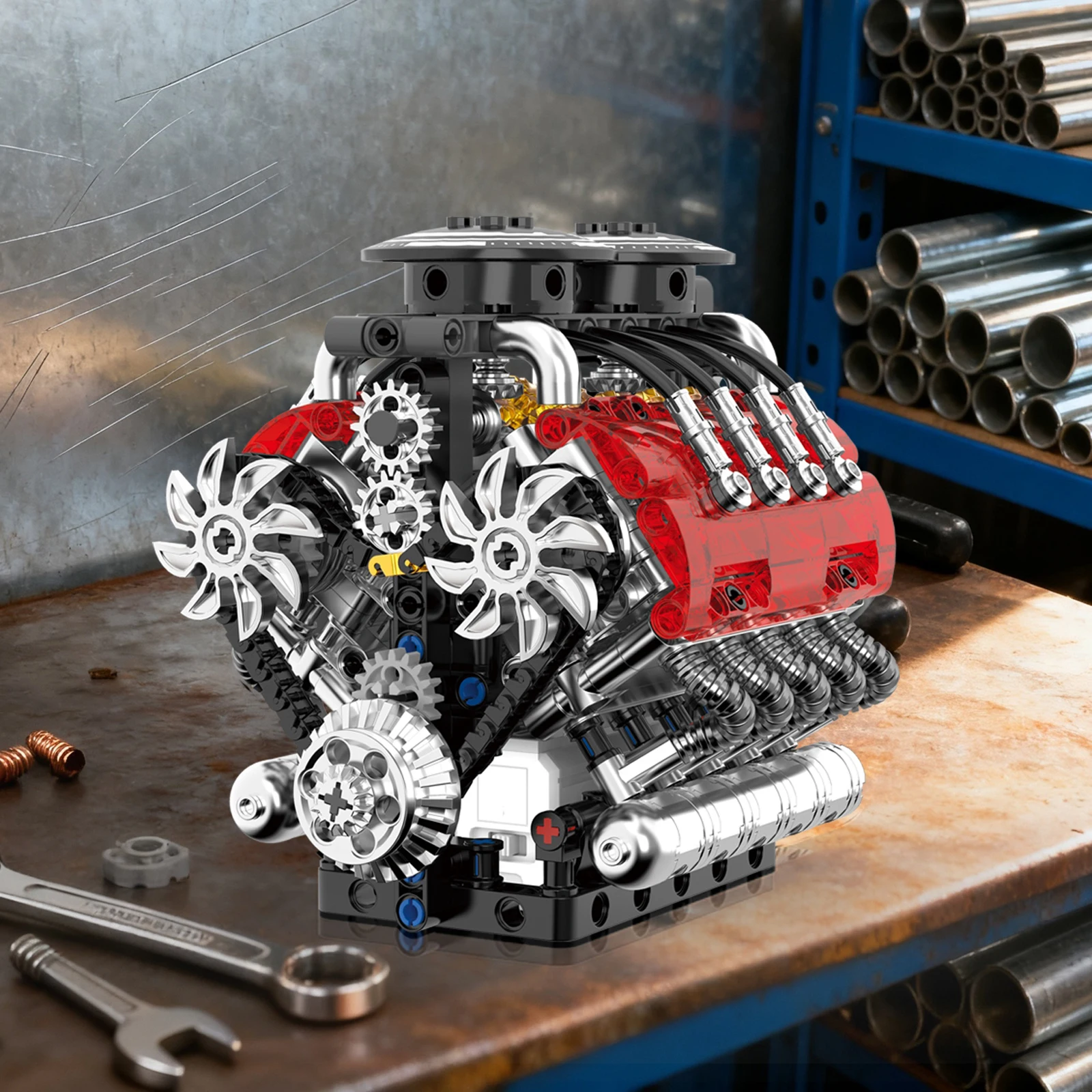 

G8911 548pcs Twin-Turbo Engine Motorized Simulation V8 Engine Model Kit Small Particle Assembly Building Blocks DIY Toys Gift