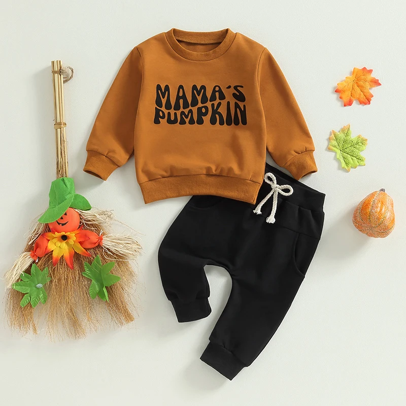 

Infant Baby Boy Halloween Outfits Letter Pumpkin Sweatshirt Long Sleeve Sweatshirt Top Pants Sweatsuit Fall Clothes Set