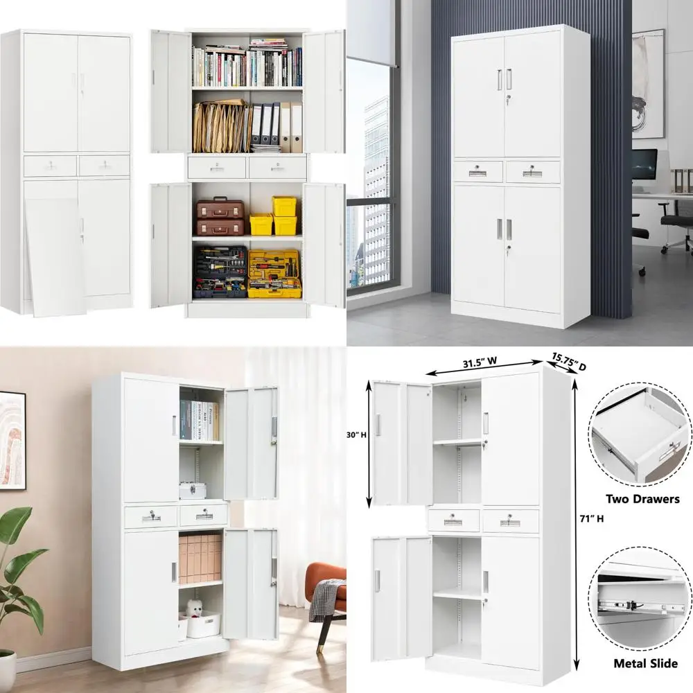 

Белый металлический шкаф BESFUR с запираемыми ящиками и регулируемыми полками для использования в гараже, офисе и в классе.