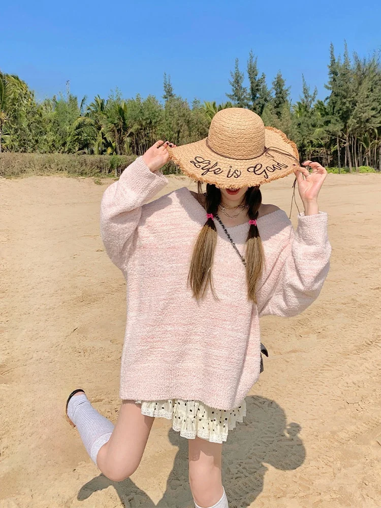 

LUU Soft Pink V-ne Sweater Women's Autumn Winter Loose Long Sve Knitted Design Korean Sle Top Comfortable Casual Faion