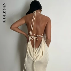 BoozRey vestido maxi sem mangas feminino, gola giratórias sexy, vestido de baile sem costas, cordão, fenda oca, robe de festa sólido, Y2K, verão, 2022