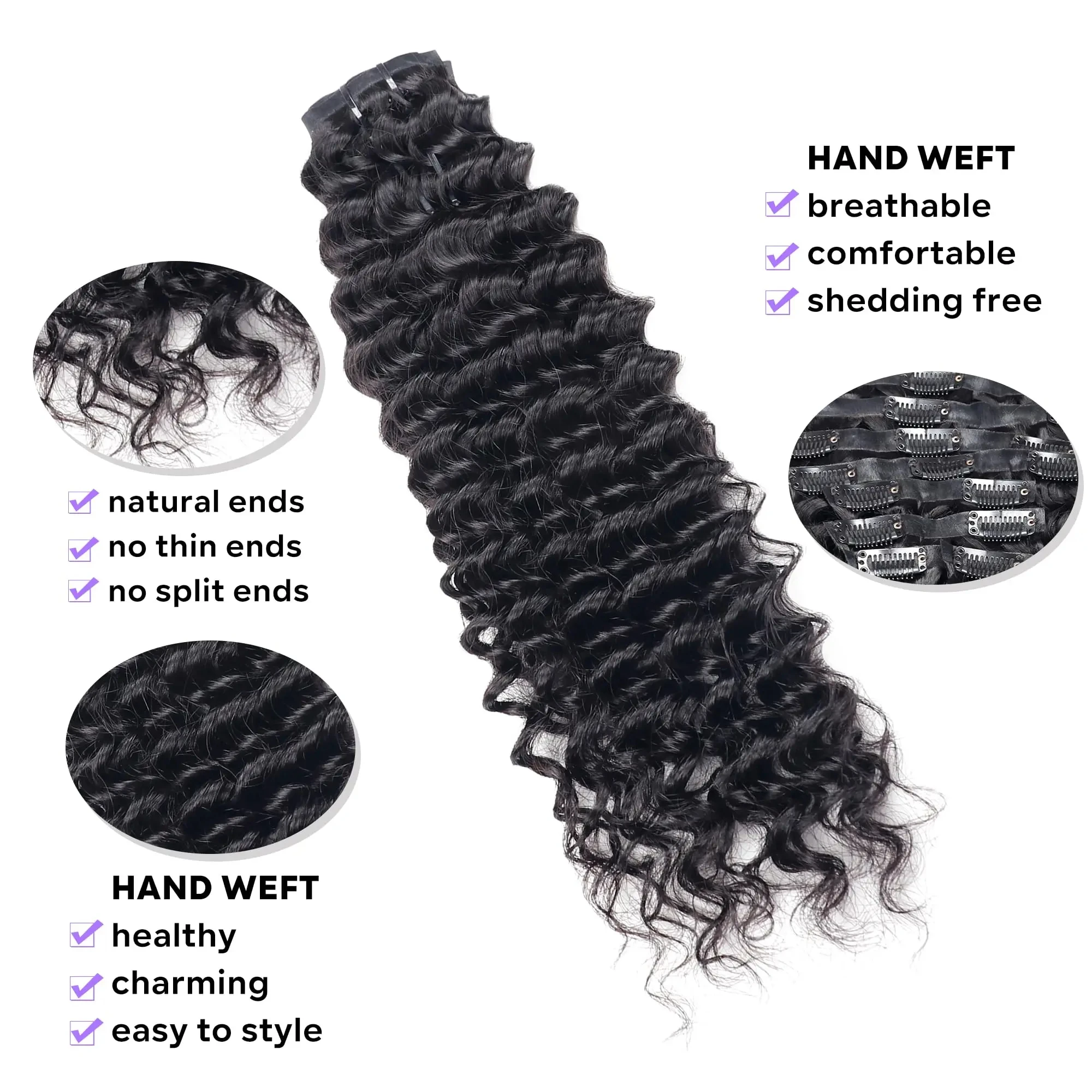 Clip in Hair Extensions, Deep Wave Real Human Hair