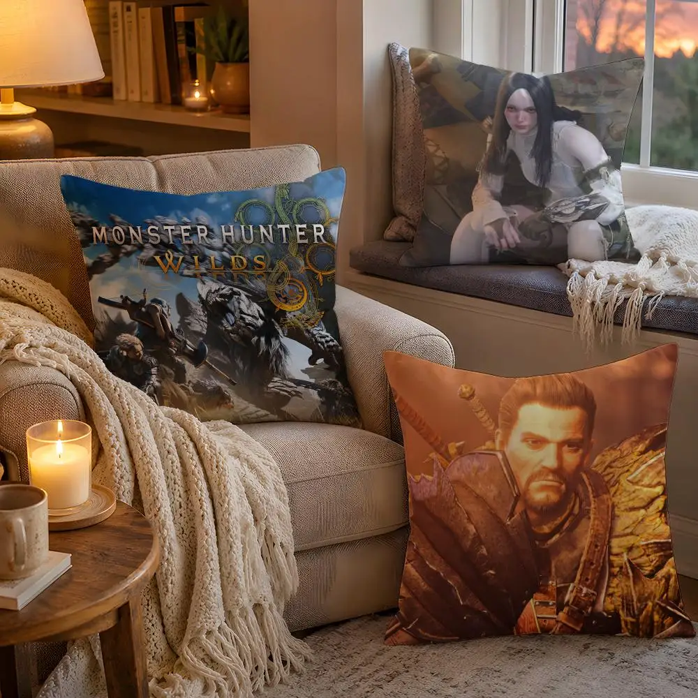 Hot Game Monster Hunter Wilds Pillow Case Soft Plush Cushion Cover Double Print and Invisible Zipper for Sofa Home Car Use