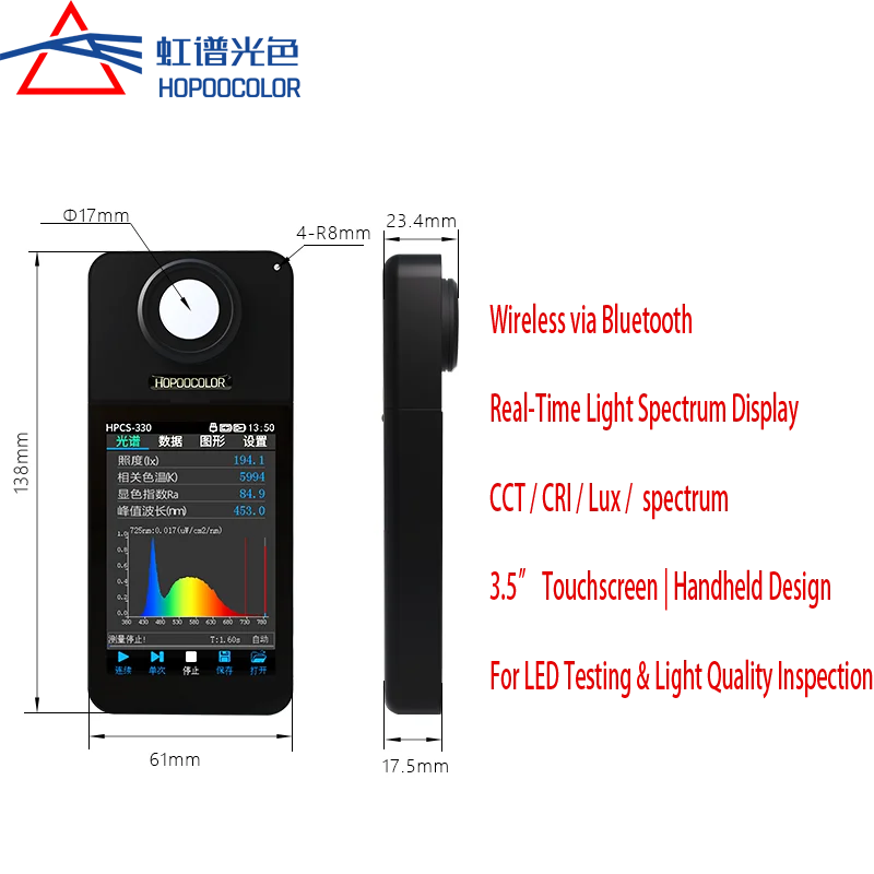 

HPCS-330 Bluetooth-спектрометр — беспроводной портативный измеритель освещенности и анализатор светодиодного спектра с дисплеем в реальном времени