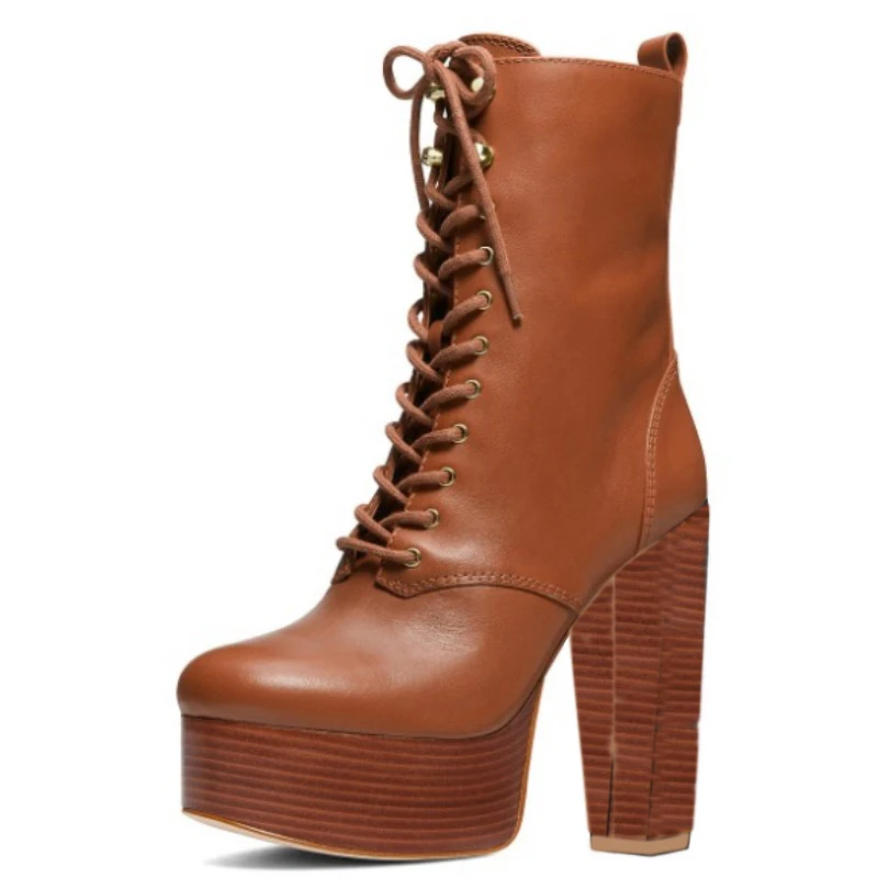 

DIZHUANG shoes Fashionable women's high-heeled boots. About 13cm heel height. Mid calf boots for women. Round toe lace up boots.