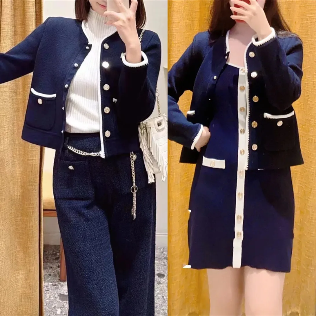 High-End Diepblauwe Gebreide Wrap Dr Round Ne Long Sve Casual Gebreide Rer Fem Faion Bovenkleding Lemon Boy