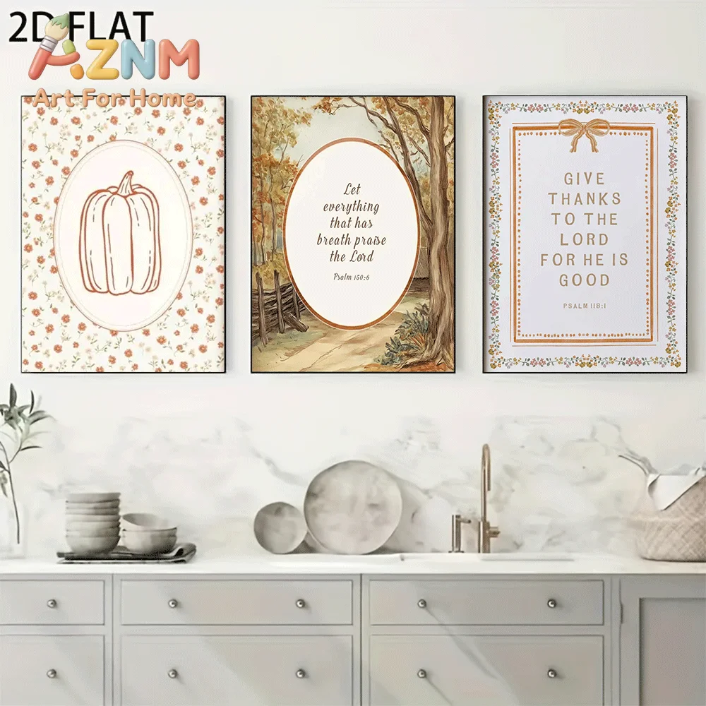 AZNM Frameless Canvas Wall Art, Autumn Bible Verse Print, Pumpkin Floral Fall Forest Scripture Art Poster for Thanksgiving Livin