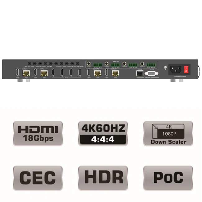 4x4 HDMI2.0 18Gps 4K 60Hz HDBT Video Audio Matrix Switcher with 8 Receivers upto 150m