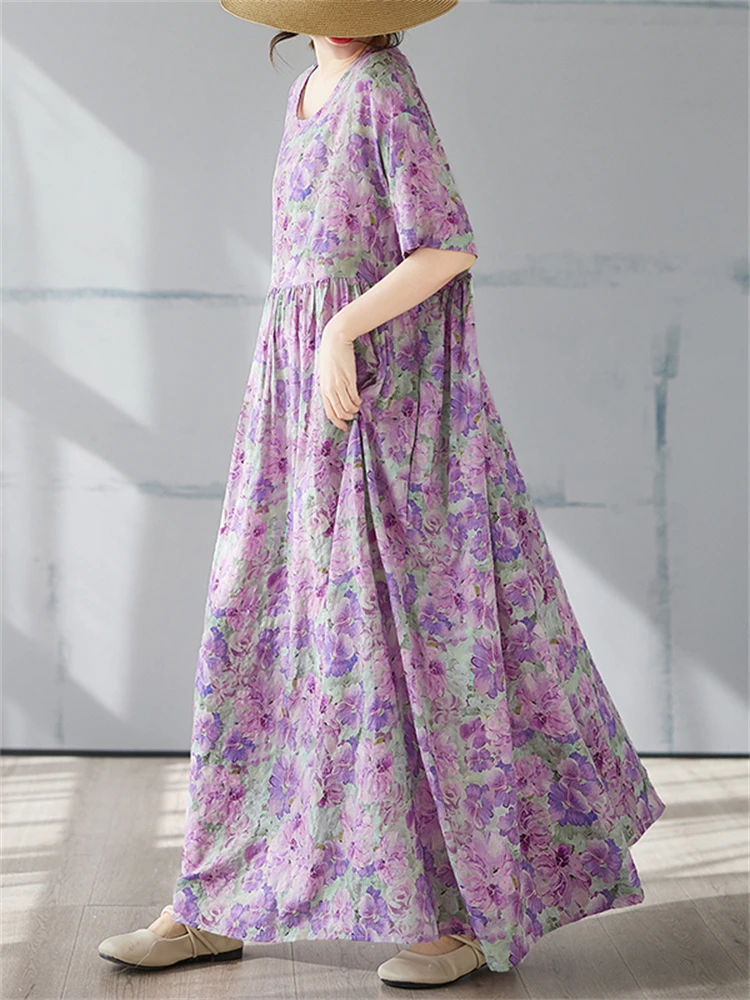 Vestidos Vintage de algodón de manga corta para mujer, vestido informal holgado largo de color morado claro, Vestidos elegantes para mujer, ropa de verano