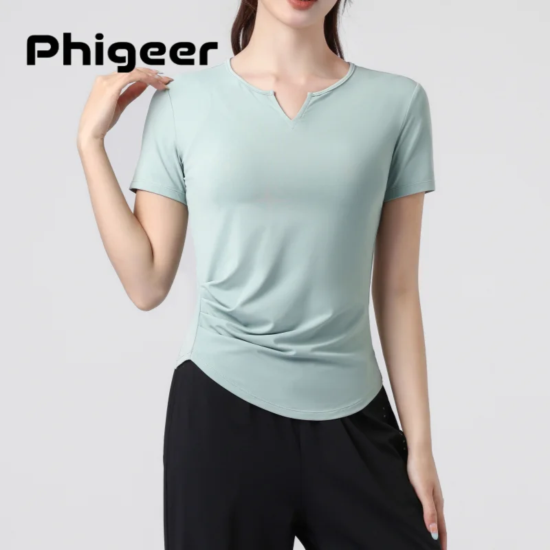 PHIGEER Summer V-Neck Yoga Top, Short Sleeve Loose Pleated Sports Shirt, Moisture Wicking Crop Athletic Top For Ballet​ Pilates