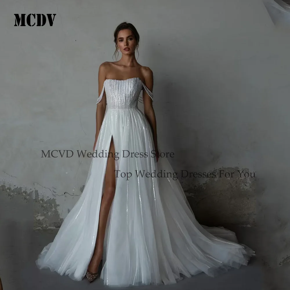 

MCDV Luxury Crystal A Line Wedding Dresses Off Shoulder Sexy Side Split Sweep Train Sequins Pearls Bridal Gowns Customized