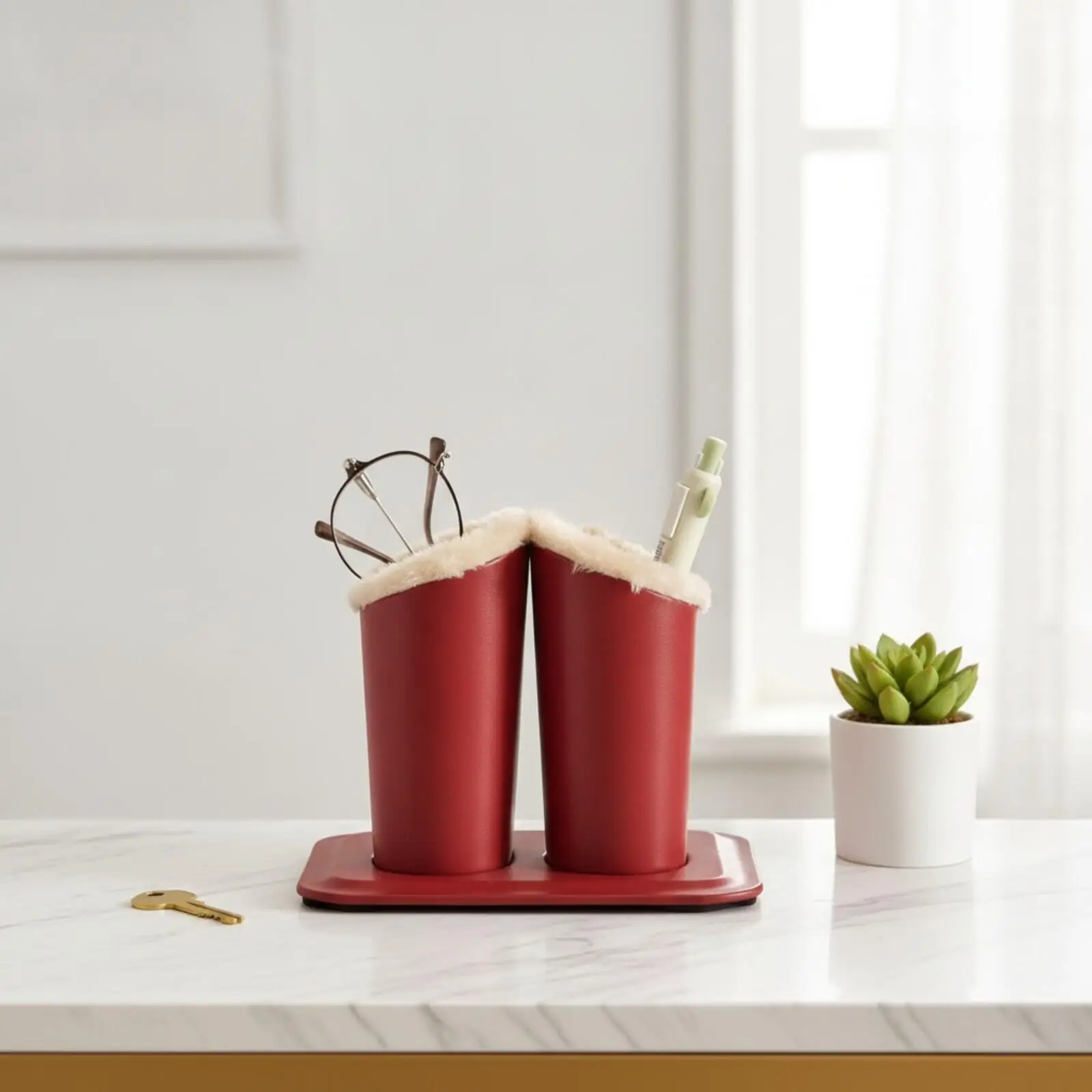 デスク用の革製ペン立て。メガネスタンドとしても使用でき、鉛筆や小物を収納するためのふわふわの保護ケース付き。