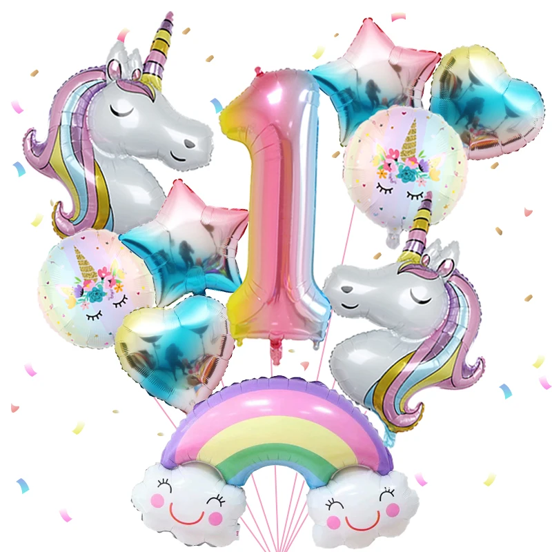 1 set regenboog eenhoorn meisje ballon aluminium film ballon set met lachende regenboogfolie 1e pasgeboren feestdecoratie benodigdheden