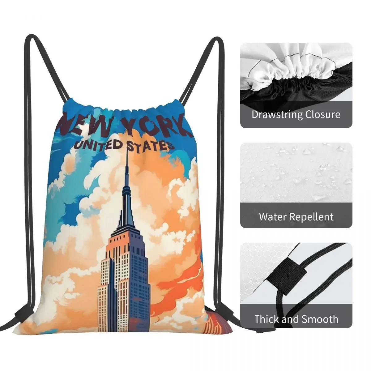 New York City Vibes Mochilas, Casual portátil Drawstring Bundle Pocket Storage Bag, Bookbag para estudantes de viagem