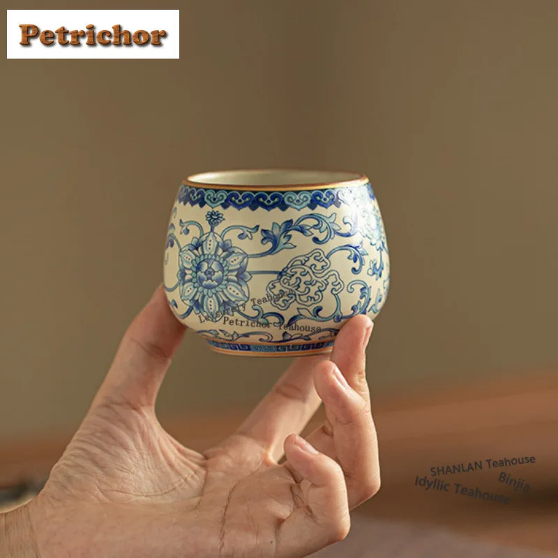 

150ml Ru Kiln Blue and White Twining Lotus Teacup Boutique Tea Bowl Jug Tea-tasting Meditation Cup Jianzhan Master Cup Tableware