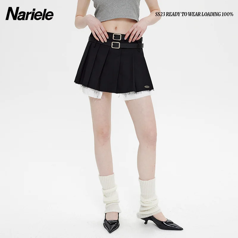 Design Sense Double Belt Pleated Skirt Pure Spicy Girl Style High Waist Anti Glare Fashion A-line Skirt Short Skirt