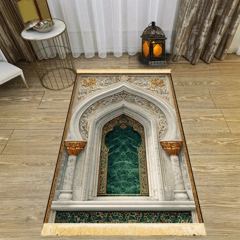 VIKAMA Luxury European Palace Prayer Rug Islamic Worship Carpet with Green Marble & Gold Detailing Non-Slip Mat for Muslim Home