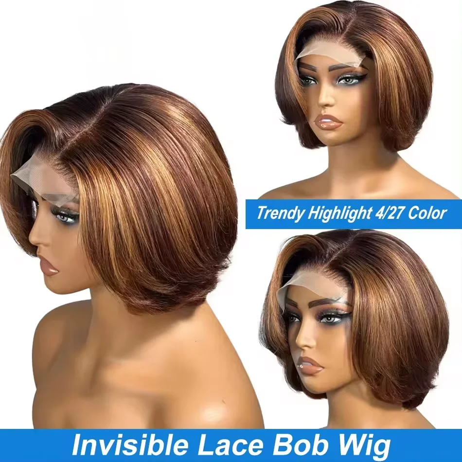 Highlight Color Bob Wig Body Wave 4/27 Ombre Brown 13x4 Lace Frontal Wig HD Transparent Lace Wigs Pre Plucked For Black Women