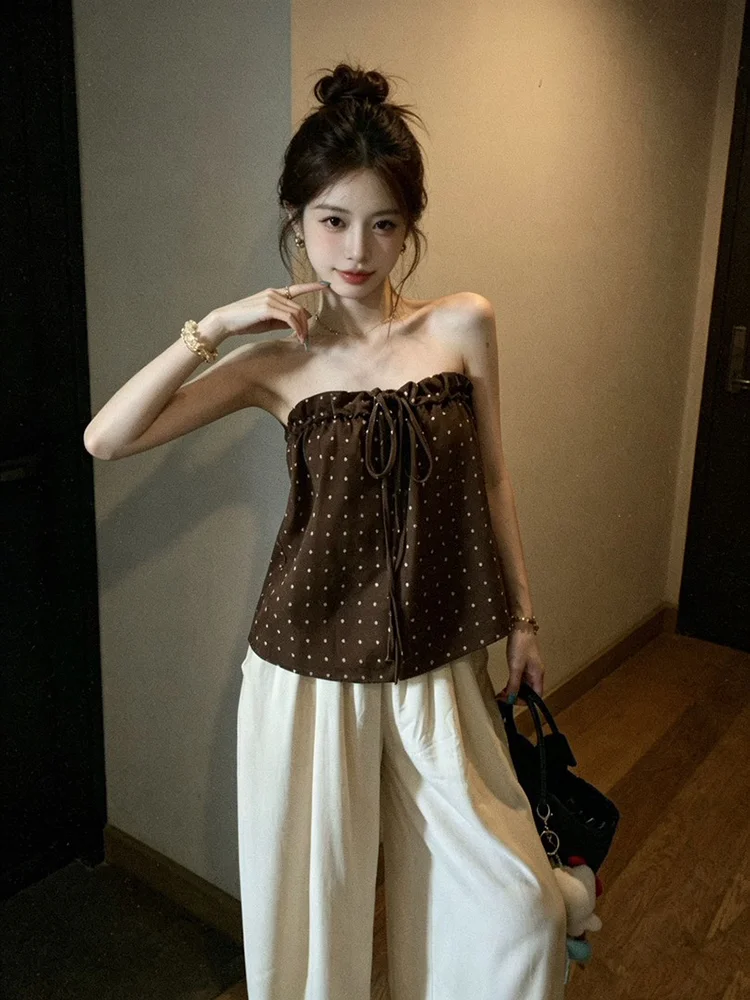 Millennial Style Polka Dot Belted Vest Women's Summer New Unique Beautiful Strapless Outerwear Top Breathable Polyester Knitt...