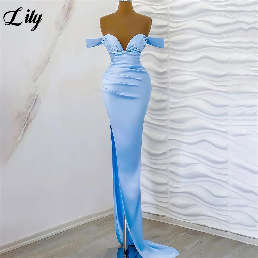 

Lily Light Sky Blue Chic Woman Evening Dress Gown V Neck Stain Trumpet Ball Gown Side Split Night Dresses Gown robes de soirée