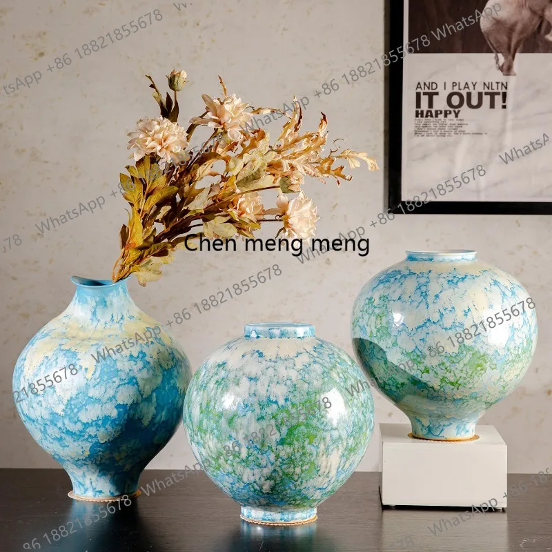 Blue-green snowflake glaze ceramic vase, new Chinese-style living room entrance ornament, flower arrangement decoration