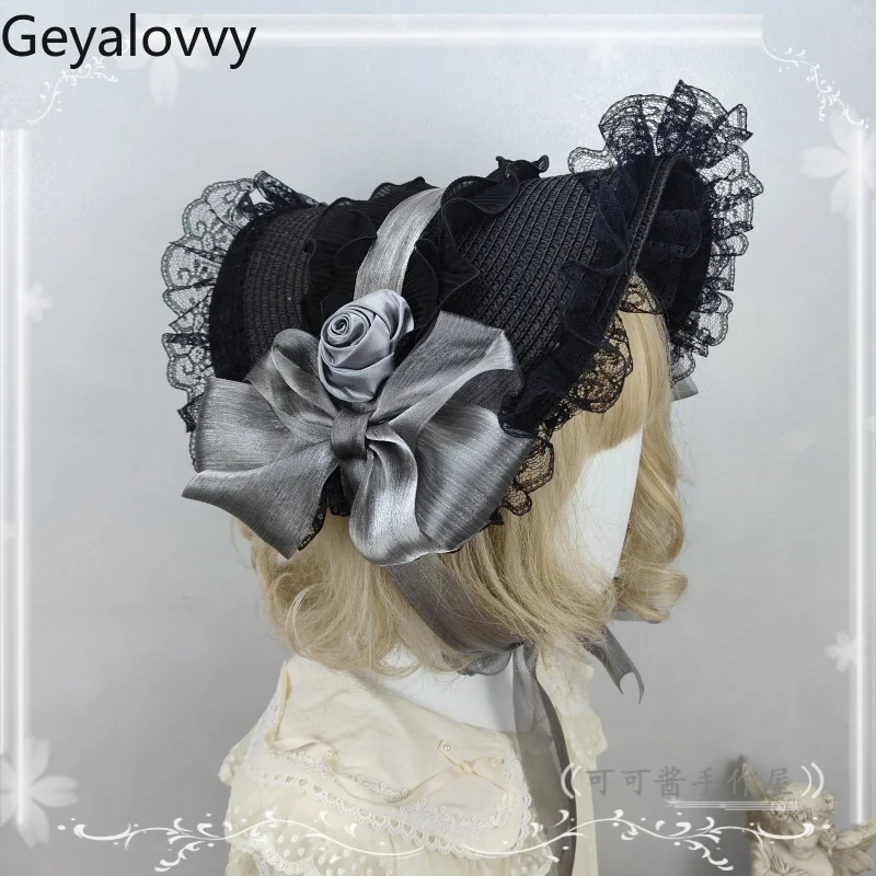일본 오리지널 수제 다크 로리타 밀짚 모자 스위트 걸스 코스프레 블랙 그레이 레이스 캡 고딕 레이스 업 태양 모자