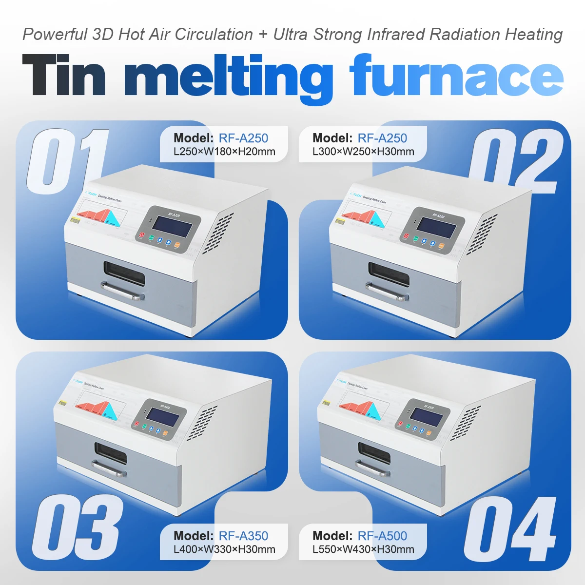 

RF-A350 350*300MDrawer Reflow Oven Hot Air Soldering Machine for SMT PCB Assembly Desktop Infrared Heating Reflow Solder Station