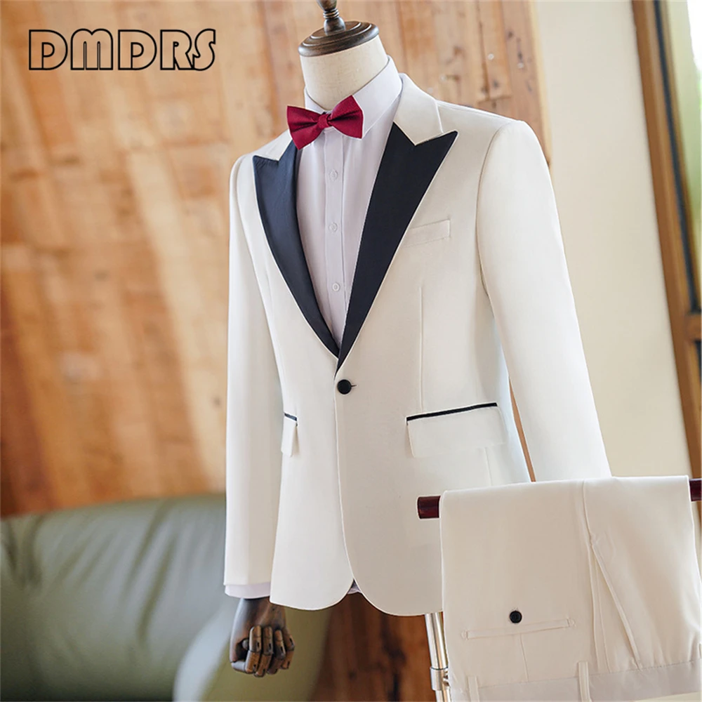 Men's Slim Fitting Suit Set 2 Pieces for Wedding One Button Blazer Pants Tuxedo Sets Peaked Lapel Plus Size M-6XL Jacket Pants