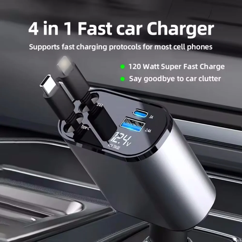 120W Retractable Car Charger 4 in 1 USB C Fast Charging Car Cigarette Lighter Charger Adapter for iPhone Xiaomi Huawei Samsung