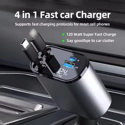 120W Retractable Car Charger 4 in 1 USB C Fast Charging Car Cigarette Lighter Charger Adapter for iPhone Xiaomi Huawei Samsung