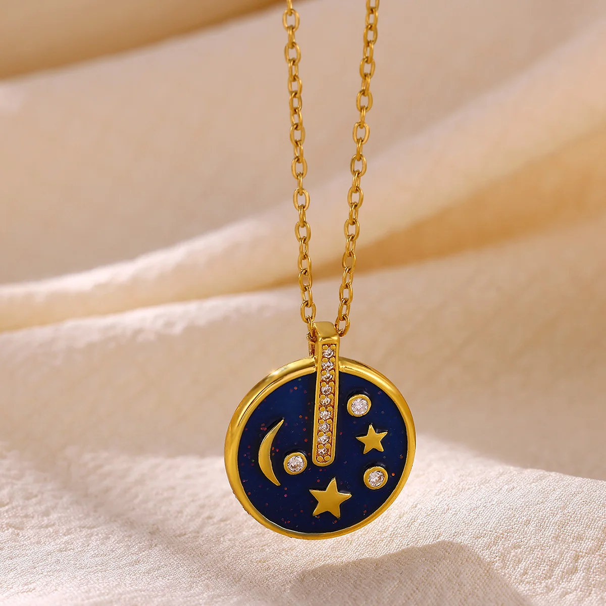 Blaue Emaille-Zirkon-Mond-Stern-Münzanhänger-Halsketten für Frauen, Edelstahl-Halskette mit himmlischem Mond und Stern, Geburtstagsschmuck, Geschenk