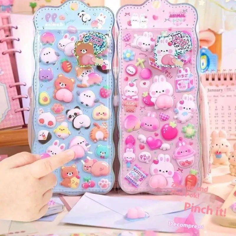Kawaii Cartoon 3D Scheet Perzik Stereo Sticker Stereoscopische Mooie Dieren Stress Stickers DIY Decor Stickers Benodigdheden