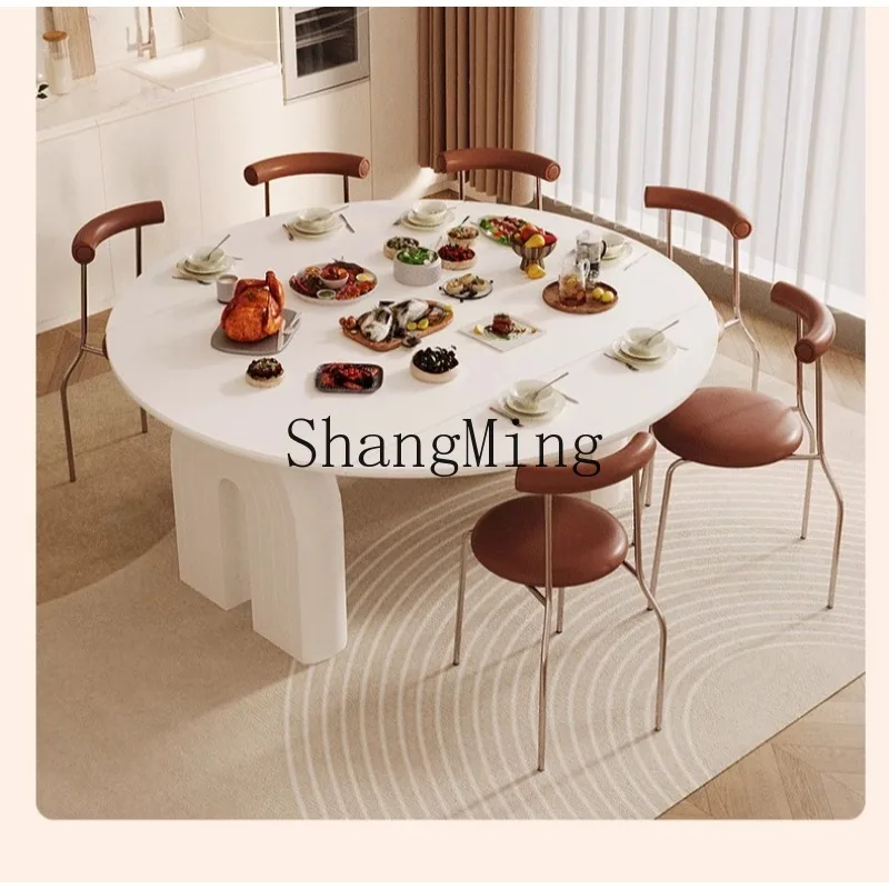 ZHB cream wind rock board dining table and chair combination household small apartment telescopic folding round G