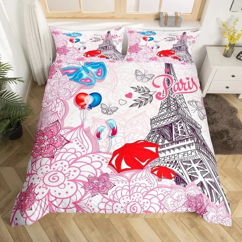 Eiffel Tower Duvet Cover Romantic Paris King Bedding Set Microfiber Boho Floral Comforter Cover For Girls Teens Valentines Gift