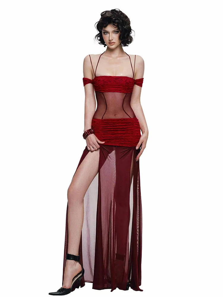Sisterlinda Backless See Through Dress Women Sexy Halter Bandage Patchwork Sleeveless Slit Hem Slash Neck Fashion Party Vestidos