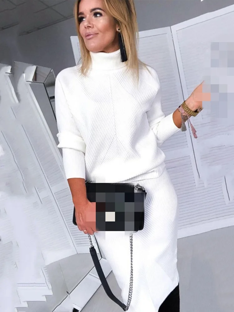 TYHUR-traje de punto de cuello alto para mujer, jersey de Color sólido, suéter y falda delgada, conjunto de dos piezas, otoño