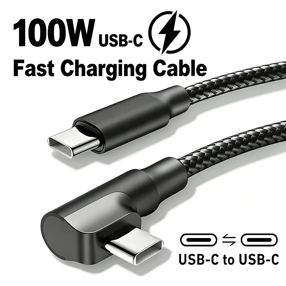 Cabo USB-C de Carregamento Rápido com Conector em Ângulo de 90 Graus para iPhone 17 16 15 Pro Max Samsung Xiaomi Redmi POCO OnePlus, Cabo Tipo C Trançado em Nylon