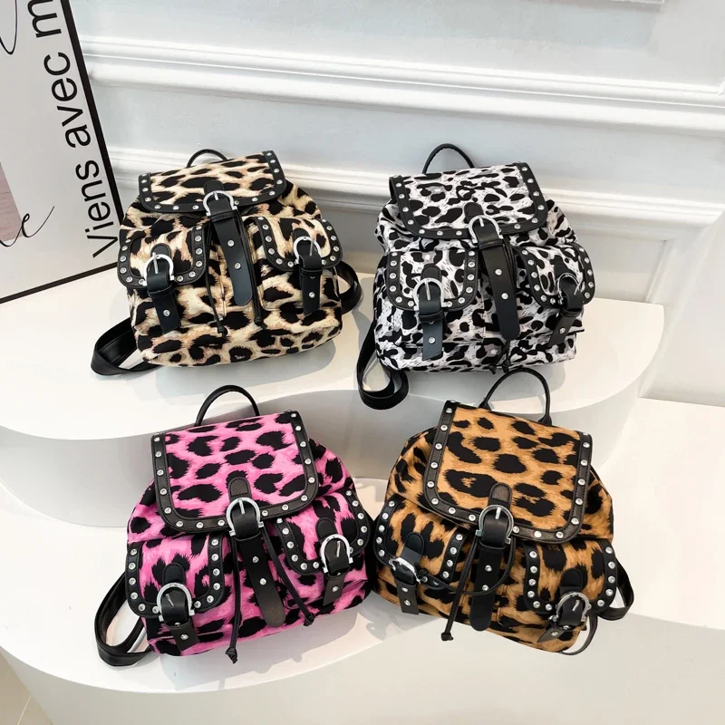 Leopard Rivet Buckle Fashion Oxford Cloth Shoulder Bag Drawstring Flip Personality 2024 Hot Sale Bags for Women Bolsas Femininas