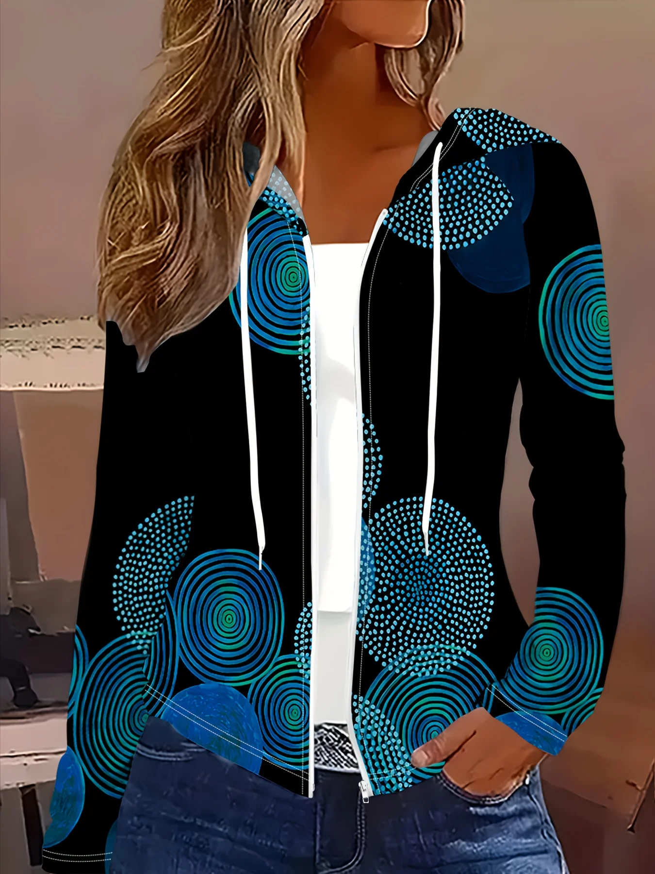 

Женская толстовка на молнии с капюшоном Boho Blue Spiral Dot Circle – легкая куртка с капюшоном на шнурке и карманами