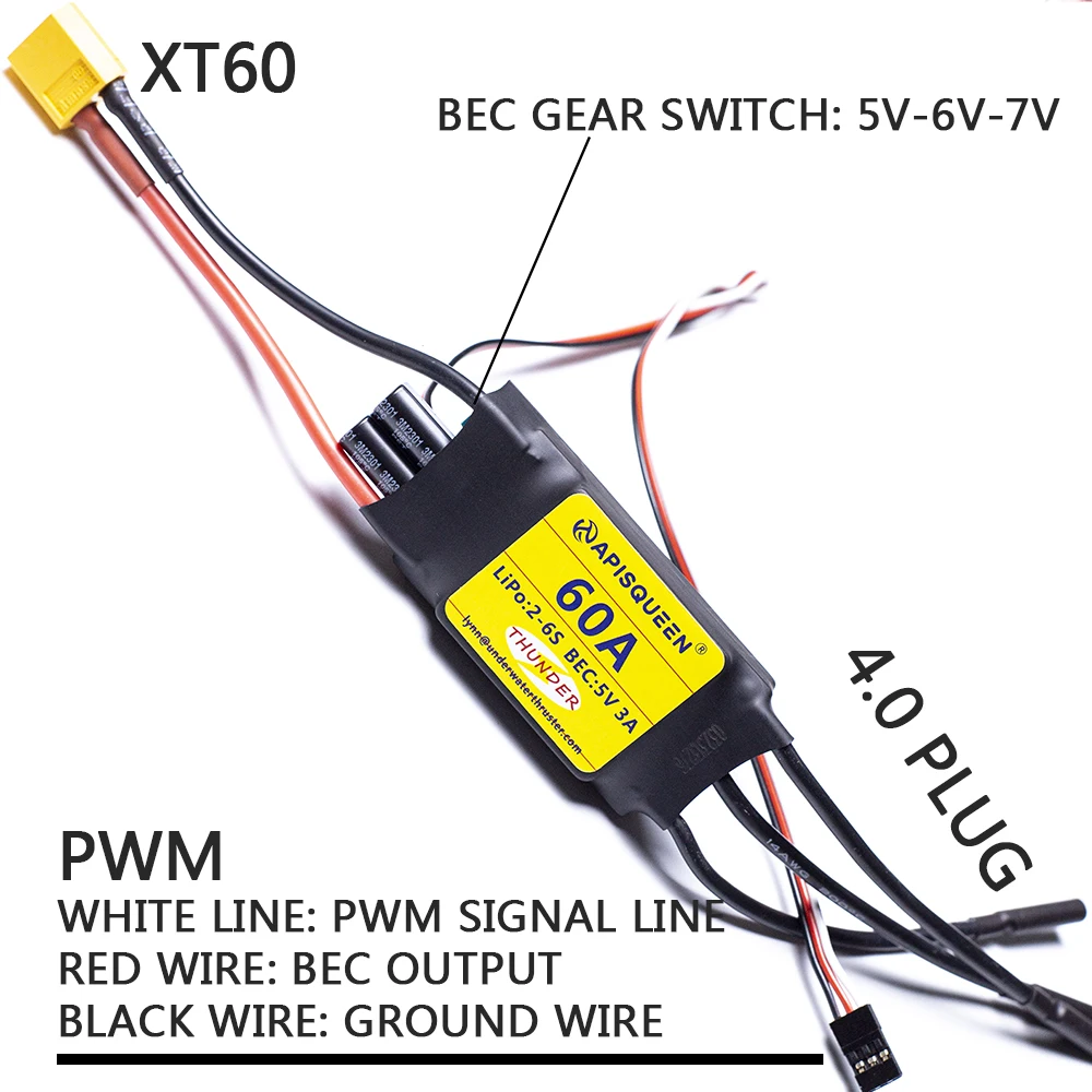 ApisQueen 60/80/100/120A 2-6S Electric Speed Controller 5V/6V/7.4V 5A BEC with XT60&4.0mm Plug For Underwater Thruster and Drone