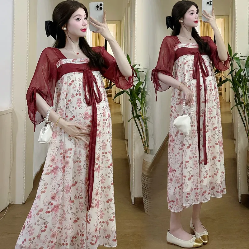 Red Breathable Maternity Outing Summer Dress New Chinese Flower Pattern Dress Chiffon Loose Long Maternity Dress For Gift LF906