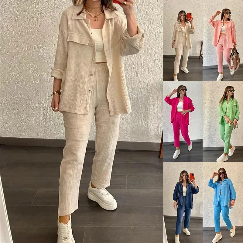 2024 Breathable Pure Cotton Pocket Pant Suit with Regular Sleeves and Fresh Style for Women