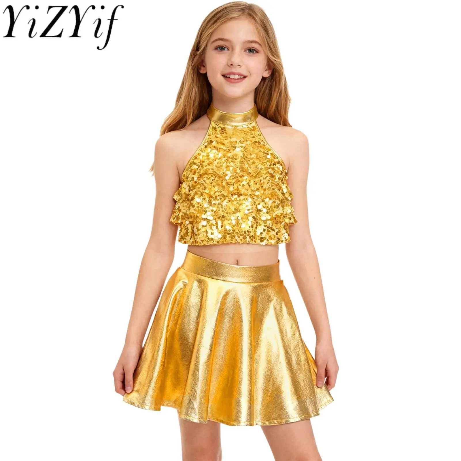 

Kids Girls Jazz Tango Disco Party Dance Performance Outfit Sleeveless Shiny Tiered Backless Crop Top with Mini Skirt Dancewear