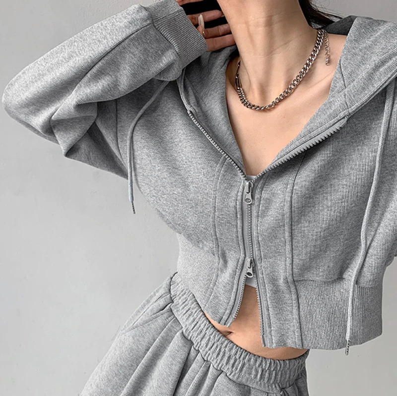 Women Cropped Hoodie Two Way Zipper Jacket Drawstring Hem Sweatshirt Slim Fit Long Sleeve Grey Athletic Yoga Gym Running Top