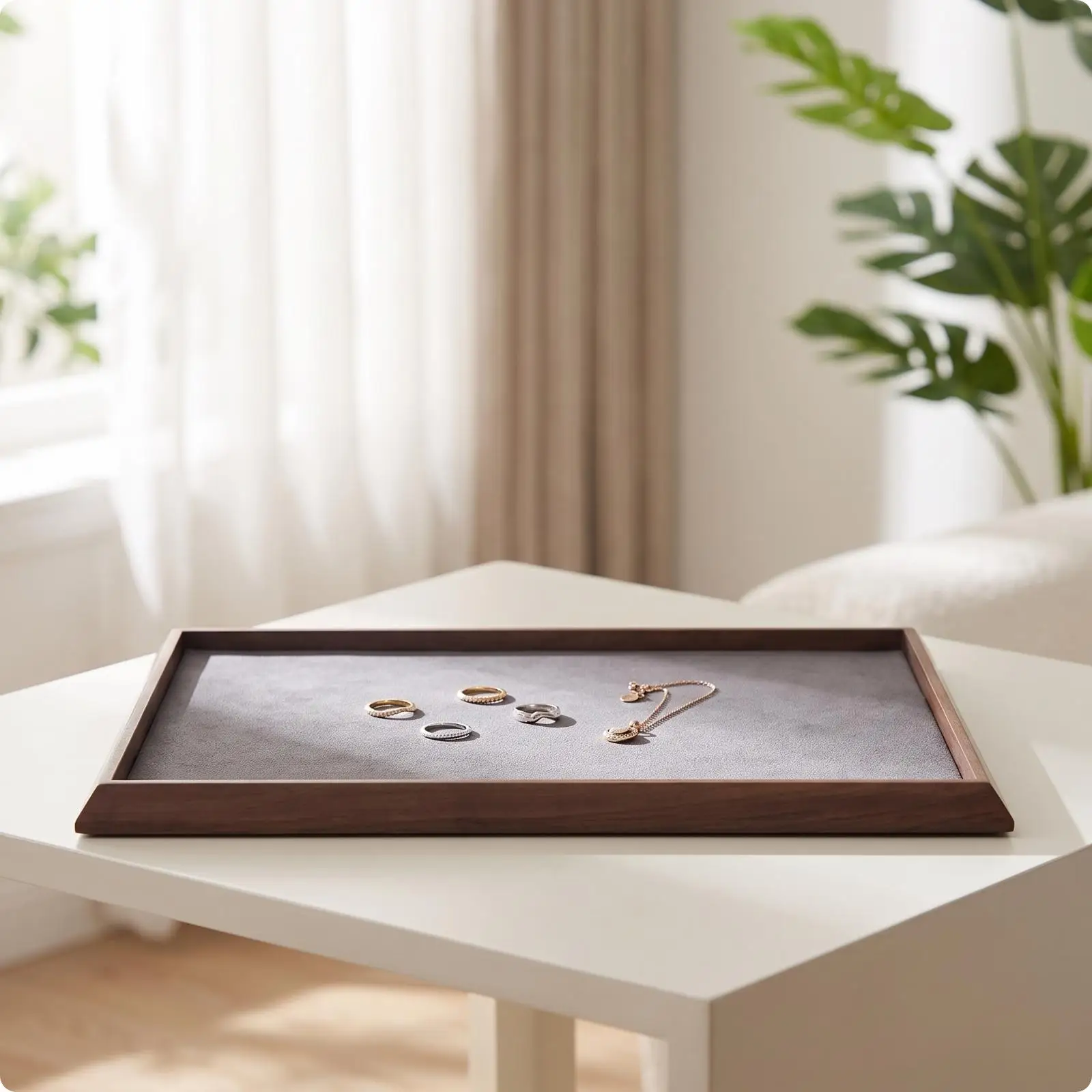 Wooden Jewelry Tray Natural Grain Jewelry Tray with Felt Li-Ning Scratch-Resistant Rectangular for Collectors, Dresser, Vanity